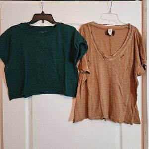 Lot of 2 We The Free Green Cropped & Tan Distressed Tees Oversized S/M